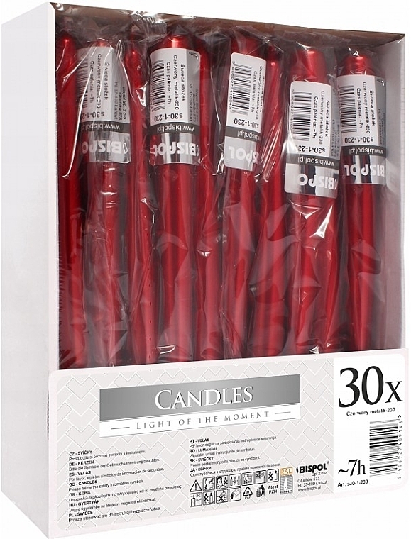 Table Candles Set 245x30mm, 30 pcs, red metallic - Bispol — photo N1