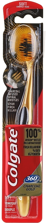 Toothbrush, soft, golden with black - Colgate 360 Charcoal Gold Soft Toothbrush — photo N1