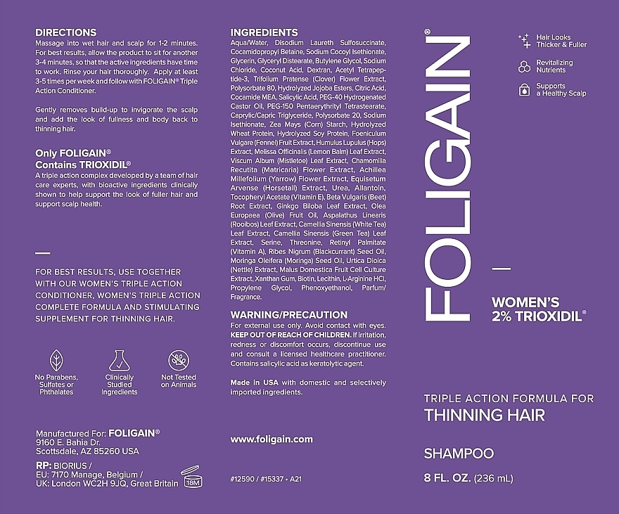 Women's Anti-Hair Loss Shampoo - Foligain Women's Triple Action Shampoo For Thinning Hair — photo N3