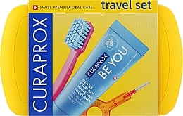 Oral Hygiene Travel Kit, yellow - Curaprox Be You (tbr/1szt + paste/10ml + 2xbrush/1szt + acc + bag) — photo N1