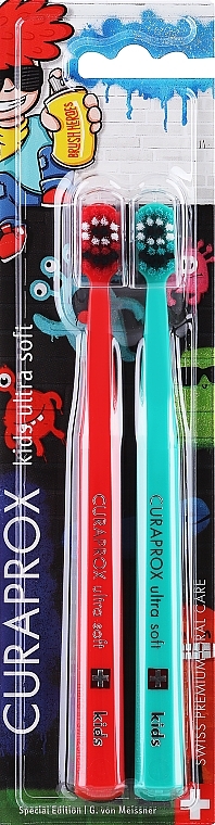 Children's Toothbrush Set CS 5500, Red+Green - Curaprox Kids Ultrasoft Graffiti Edition 2023 — photo N1