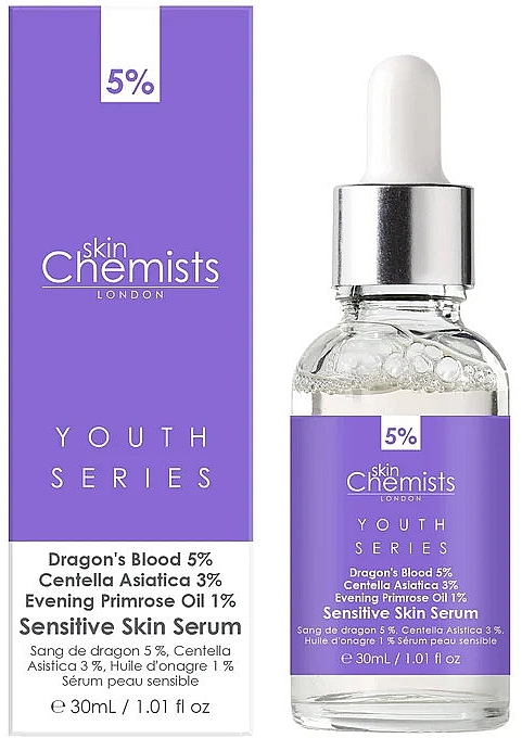Face serum - Skin Chemists Youth Series Dragon's Blood 5%, Centella Asistica 3%, Evening Primrose Oil 1% Sensitive Skin Serum — photo N1