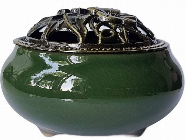 Ceramic Incense Burner with Cap, dark green - Deni Carte — photo N1