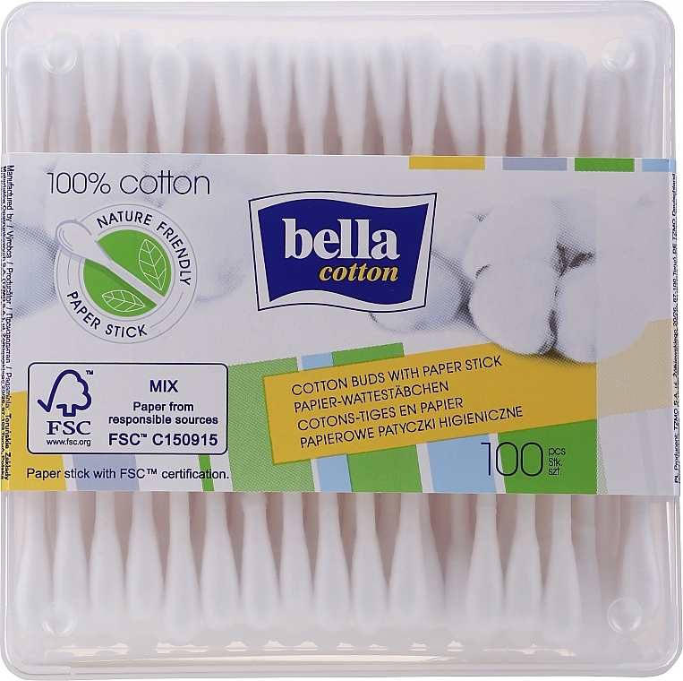 Cooton Buds, 100pcs - Bella Cotton With Paper Stick — photo N1