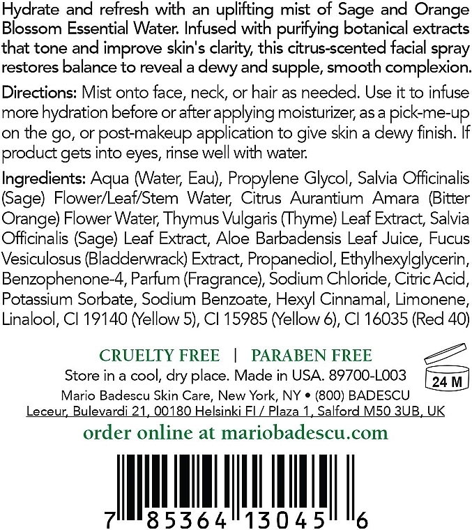 Aloe, Sage Orange Blossom Face Spray - Mario Badescu Facial Spray with Aloe Sage & Orange Blossom — photo N3