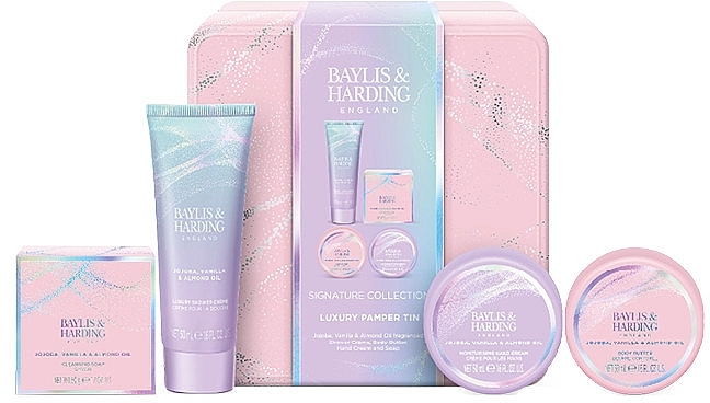 Set - Baylis & Harding Jojoba, Vanilla & Almond Oil Luxury Pamper Tin Gift Set (sh/cr/50ml + soap/50g + b/butter/50ml + h/cr/50ml) — photo N1