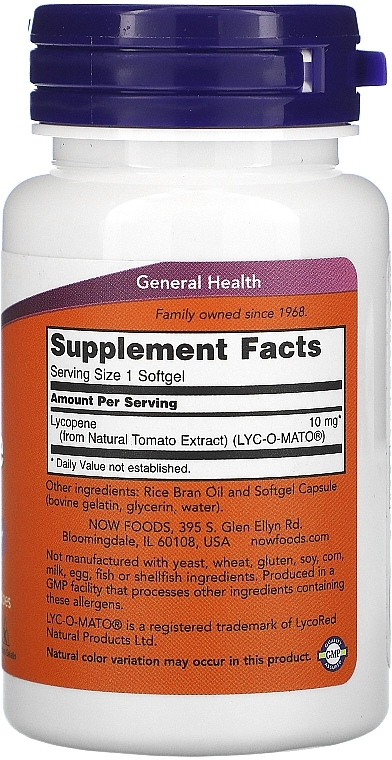 Dietary Supplement "Lycopene", 10mg - Now Foods Lycopene Softgels — photo N2