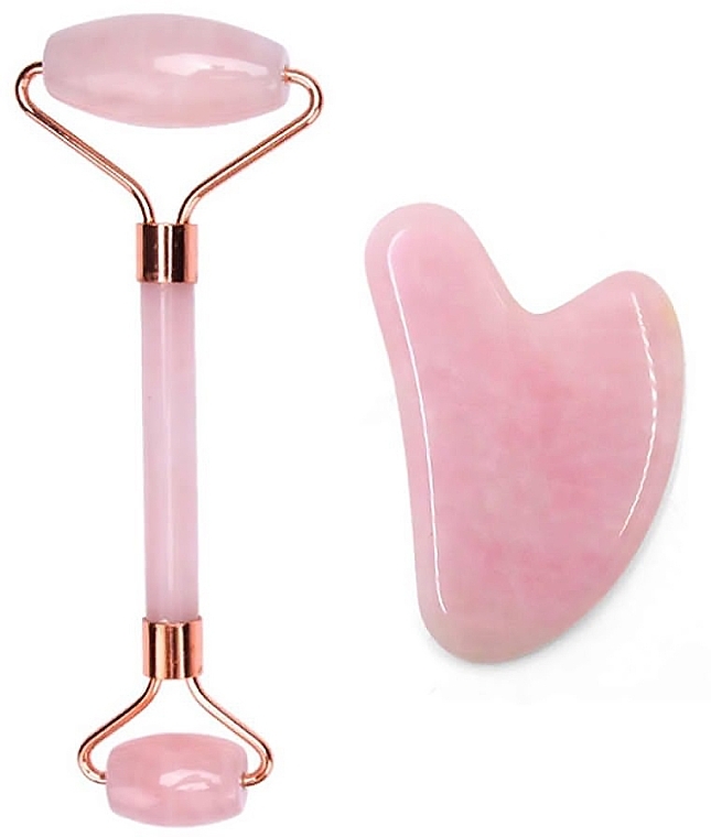 Rose Quartz Massage Set "Roller & Gua Sha Stone" - Nuvi (roller + gouaches/craper) — photo N2