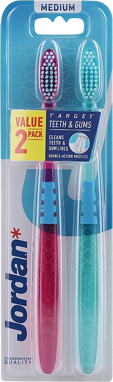 Medium Toothbrush, pink with scales + turquoise with scales - Jordan Target Teeth Toothbrush — photo N1