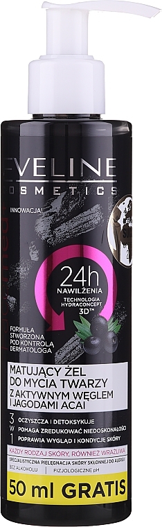 Mattifying Cleansing Facial Gel with Activated Charcoal - Eveline Cosmetics Facemed+ — photo N1