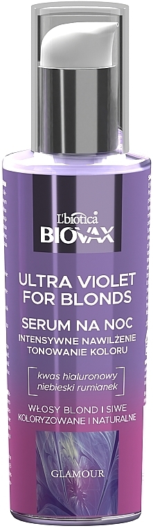 Intensively Moisturizing Toning Night Serum for Light and Grey Hair - L'biotica Biovax Ultra Violet For Blonds Night Serum — photo N1