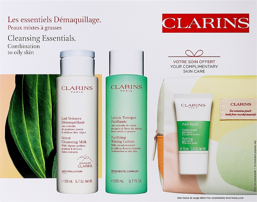 Set - Clarins Cleansing Bag Combination & Oily Skin (cl milk/200ml + f/lot/200ml + f/scr/15ml + bag/1pc) — photo N1