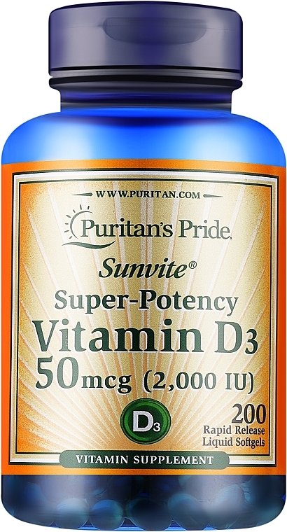 Supplement 'Vitamin D3', 50 mcg - Puritan's Pride Premium Sunvite Super-Potency Vitamin D3 2000 IU — photo N1