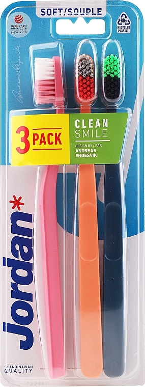 Soft Toothbrush, pink, orange, dark blue - Jordan Clean Smile Soft — photo N1