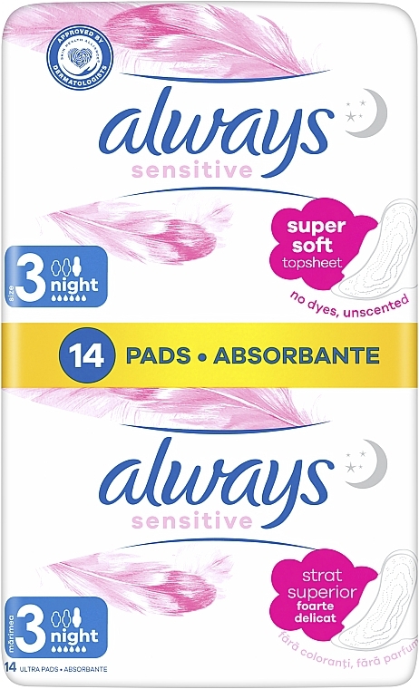 Sanitary Pads, 14pcs - Always Sensitive Ultra Night — photo N1