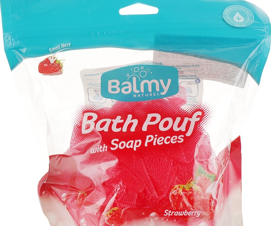 Travel Sponge with Soap Pieces with Strawberry Extract - Balmy Naturel Bath Pouf With Saop Pieces — photo N1