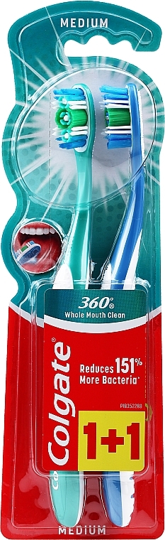 360 Whole Mouth Clean Toothbrush, 1+1, turquoise + blue - Colgate — photo N1