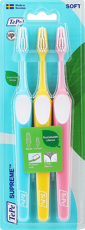 Toothbrush Set, blue + yellow + pink - Tepe Supreme Soft — photo N1