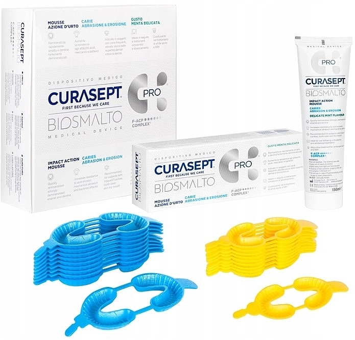 Set, mint flavor - Curaprox Curasept Biosmalto (mousse/150ml + med/tray/10pcs + big/tray/10pcs) — photo N1