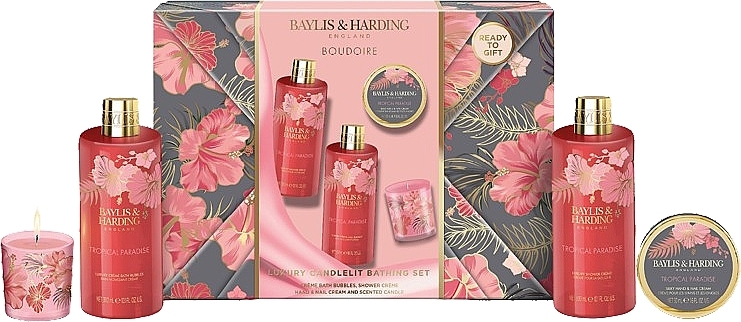 Set - Baylis & Harding Boudoire Tropical Paradise Gift Wrapped Candlelit Gift Set (bubbles/300ml + sh/cr/300ml + h/cr/50ml + candle/60g) — photo N1