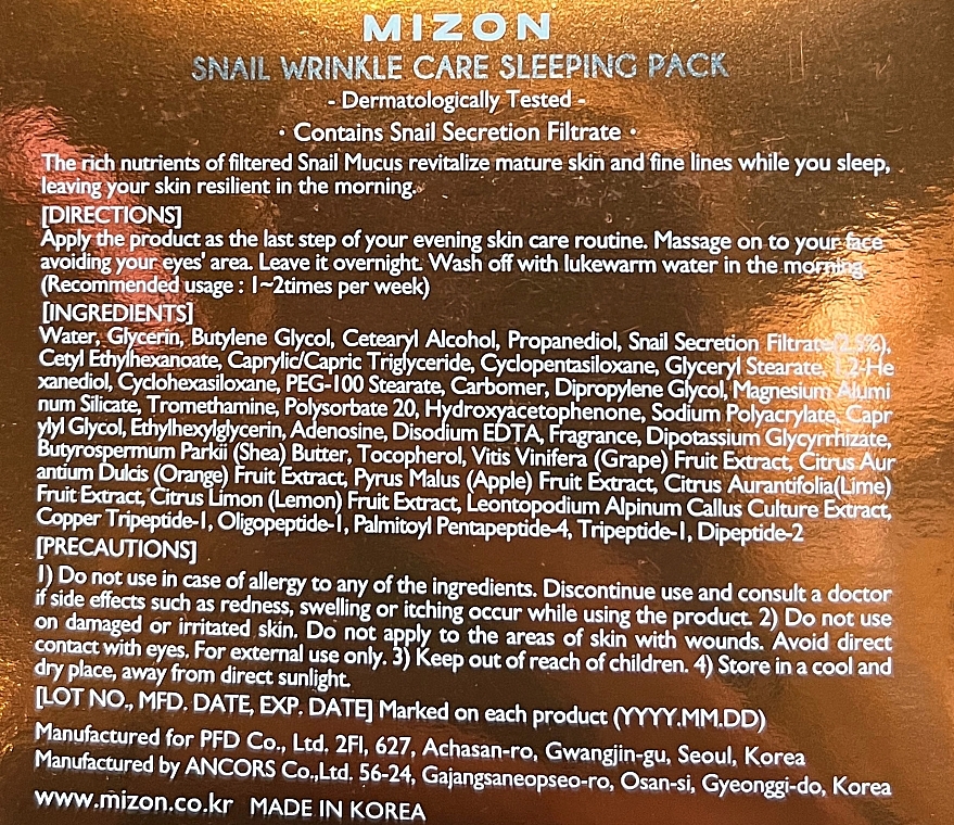 Anti-Wrinkle Strengthening Night Mask - Mizon Snail Wrinkle Care Sleeping Pack — photo N2