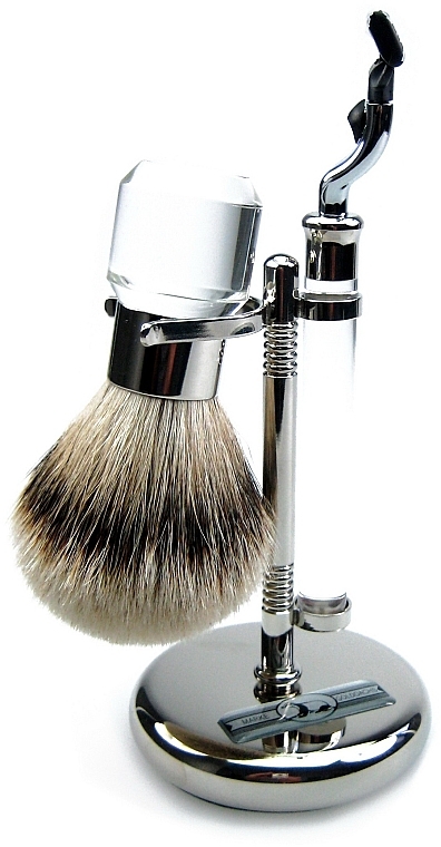 Shaving Set - Golddachs Pure Badger, Mach3 Metal Chrome Acrylic Silver (sh/brush + razor + stand) — photo N1