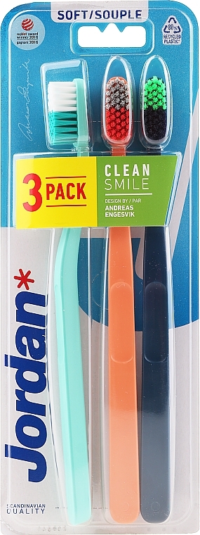 Soft Toothbrush, mint, orange, dark blue - Jordan Clean Smile Soft — photo N1