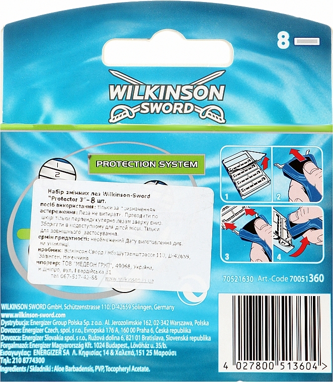 Razor Cartridges, 8 pcs - Wilkinson Sword Protector 3 Blades — photo N2