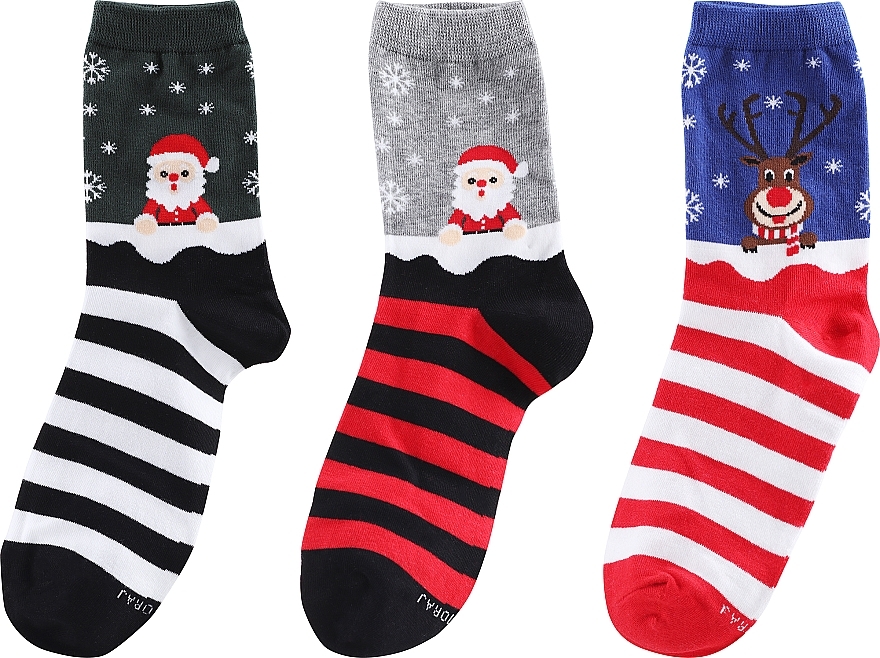 Christmas Socks, 3 pairs, green+blue+grey - Moraj — photo N2