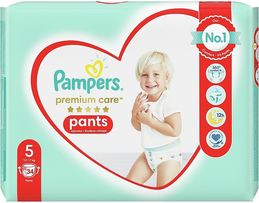 Diaper Panties, size 5 (12-17 kg), 34 pcs - Pampers Premium Care Pants Junior — photo N3