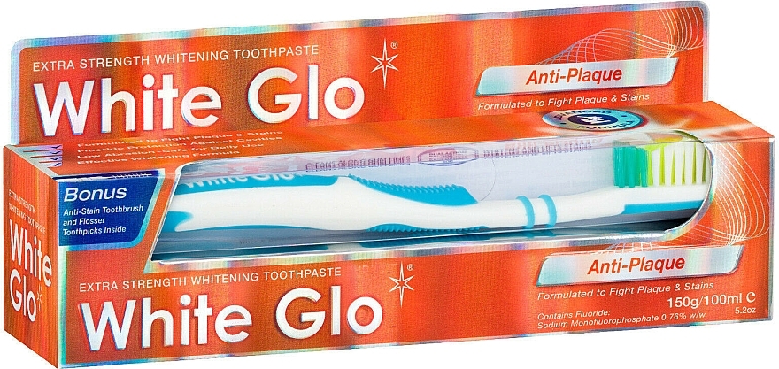 Set "Plaque" with White-Blue Brush - White Glo Anti-Plaque (t/paste/100ml + t/brush/1 + dental/flosser/1) — photo N2