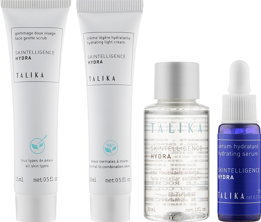 Set - Talika Hydra Essentials Travel Kit (micel/water/30ml + f/cr/15ml + scr/15ml + serum/7ml + bag) — photo N2