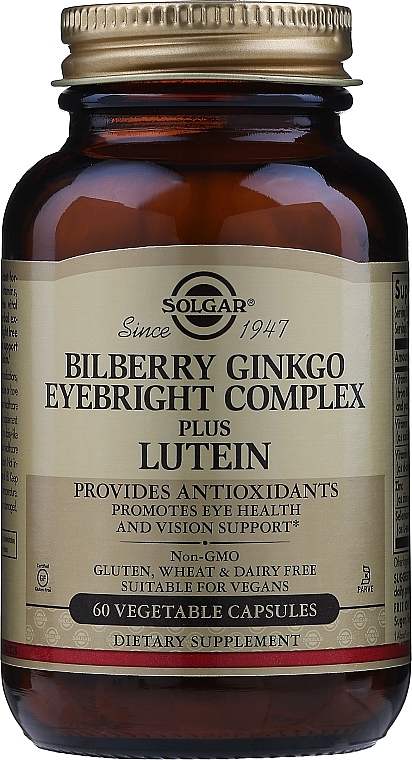 Dietary Supplement "Blueberry, Ginkgo & Eyebright Eye Health Complex with Lutein" - Solgar Bilberry Ginkgo Eyebright Complex Plus Lutein — photo N1