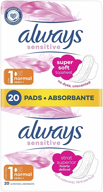 Sanitary Pads, 20pcs - Always Ultra Normal Sensitive Duo — photo N1