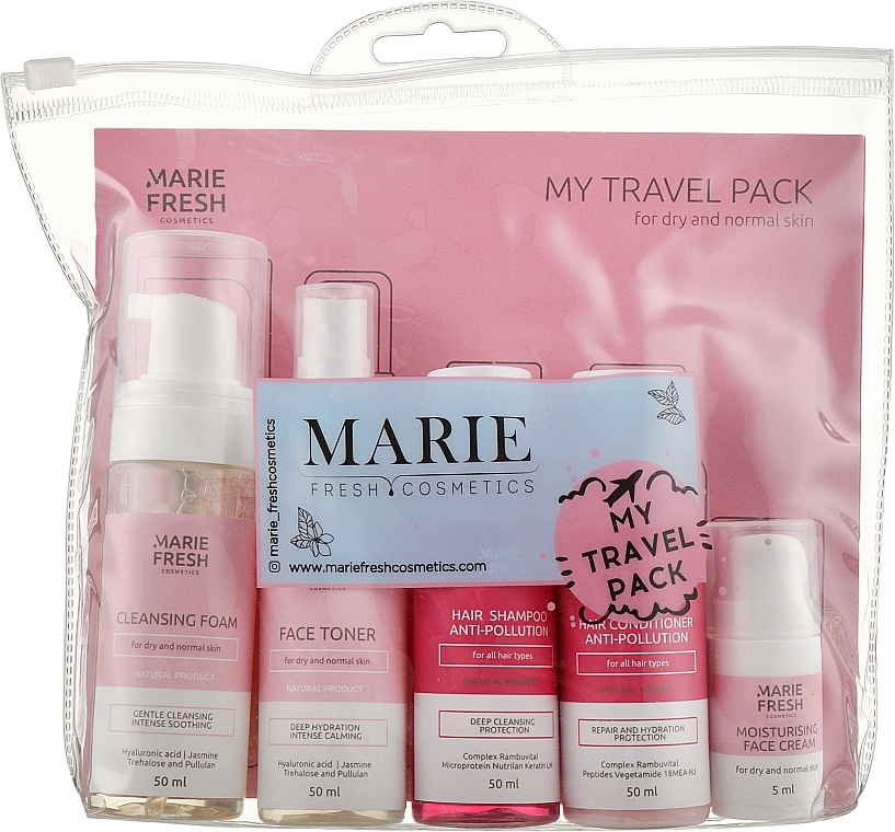 Facial Set for Dry & Normal Skin - Marie Fresh Cosmetics Travel Set For Every Day (f/foam/50ml + f/ton/50ml + h/shm/50ml + h/cond/50ml + f/cr/5ml) — photo N2