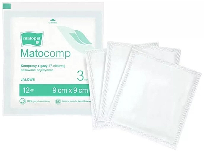 Sterile gauze compresses, 17 threads, 8 layers, 5x5 cm, 3 pcs., packed individually - Matopat Matodress  — photo N1