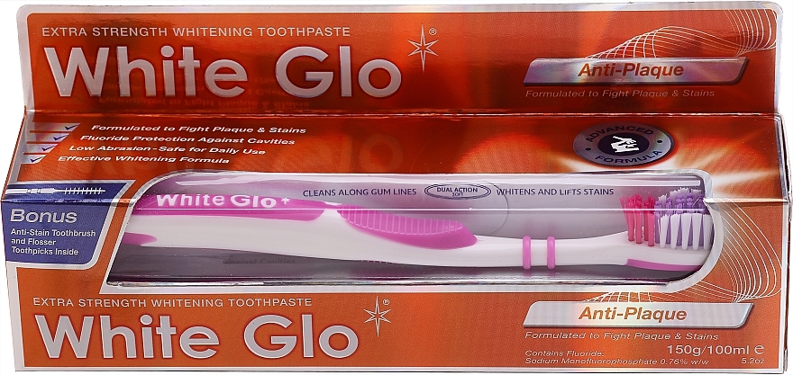 Set "Plaque" with White-Pink Brush - White Glo Anti-Plaque (t/paste/100ml + t/brush/1 + dental/flosser/1) — photo N1