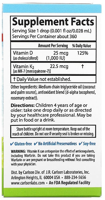 Kids Liquid Vitamins - Carlson Labs, Kid's Super Daily D3+ K2 25 mcg — photo N2