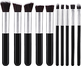 Professional Makeup Brush Set, 10 pcs, black and silver - Lewer — photo N1