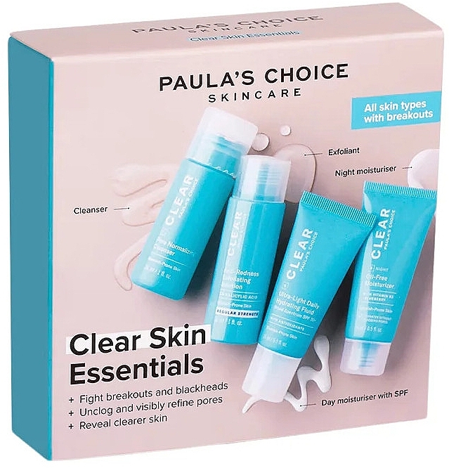 Set - Paula's Choice Clear Skin Essentials Kit (f/gel/30ml + f/peel/30ml + f/fluid/15ml + f/cr/15ml) — photo N1