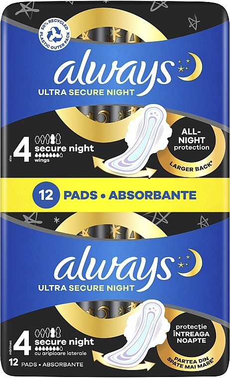 Sanitary Pads, 12pcs - Always Ultra Secure Night Instant Dry Protection — photo N1