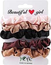 Satin Scrunchie Set, 5 pcs, light pink + beige + black + dark brown + brown - Yeye — photo N1