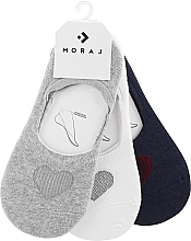 Women Baleriny Socks with Heart Pattern, 3 pairs, grey + white + blue - Moraj — photo N1