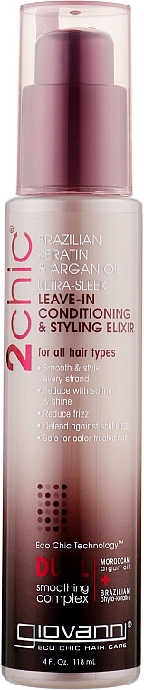 Conditioner - Giovanni 2chic Ultra Sleek Leave In Conditioning Styling Elixir Brazilian Keratin Argan Oil — photo N1