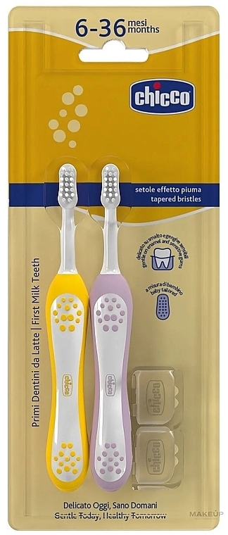 Toothbrush Set for First Teeth, 6-36 months, purple+yellow - Chicco First Milk Teeth (toothbrush/2pcs) — photo N1