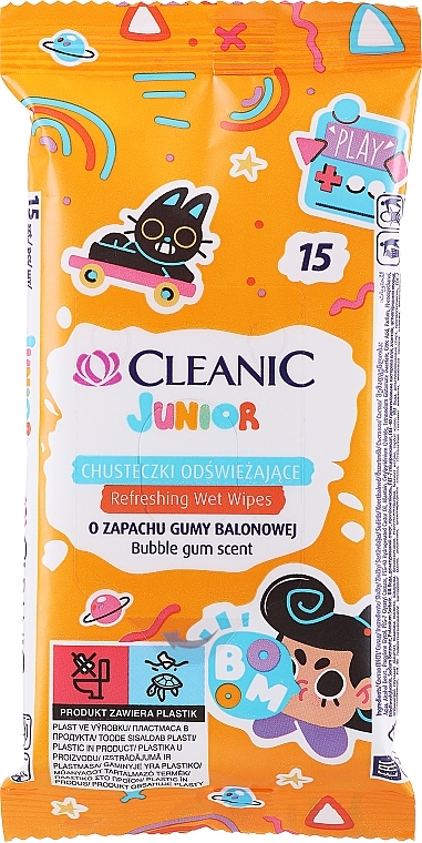 Baby Wet Wipes, 15pcs - Cleanic Junior Wipes Bubble Gum Scent — photo N1