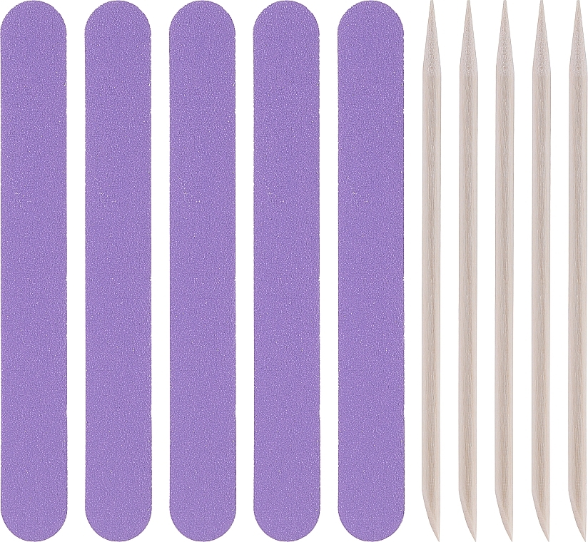 Disposable Set, purple nail file 180/240 and 5 orange sticks - Tufi Profi Premium — photo N1