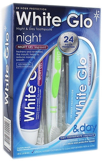 Set with Yellow Toothbrush - White Glo Night & Day Toothpaste (t/paste/65ml + t/gel/65ml + toothbrush) — photo N1