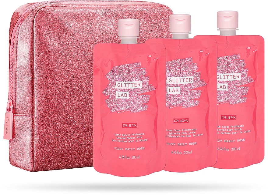 Set - Pupa Glitter Lab Frizzy Daily Dose (bag+milk/200 ml + cream/200ml + scrub/200ml) — photo N1