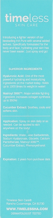 Refreshing Moisturizing Face Spray - Timeless Skin Care HA Matrixyl 3000 Cucumber Spray — photo N3